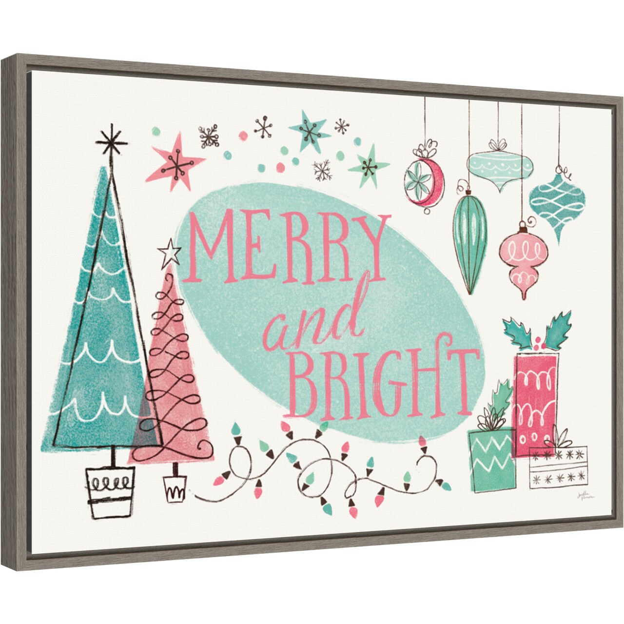 Retro Christmas I Bright by Janelle Penner 23-in. W x 16-in. H. Canvas Wall Art Print Framed in Grey